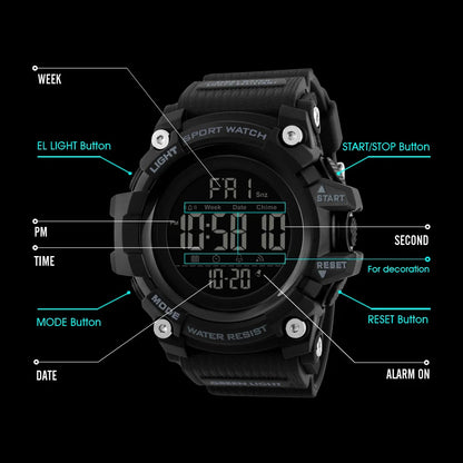 Montre de sport SKMEI pour homme – Chronomètre compte à rebours – Montre-bracelet digitale de luxe – Marque haut de gamme – Étanche avec affichage LED