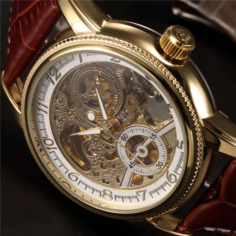 Montre squelette automatique dorée pour homme – Design steampunk de luxe – Mécanisme apparent & bracelet cuir