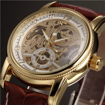 Montre squelette automatique dorée pour homme – Design steampunk de luxe – Mécanisme apparent & bracelet cuir