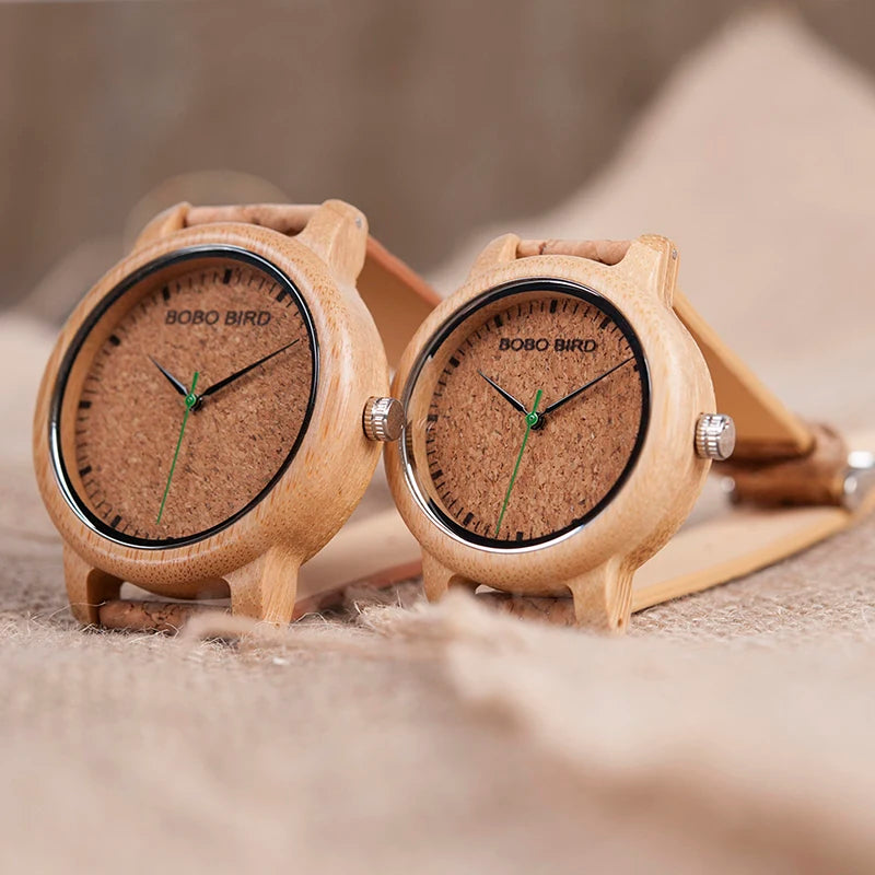 Montres BOBO BIRD pour Couples – Pièces en Bois Fait Main avec Bracelet en Liège