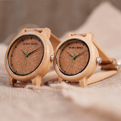 Montres BOBO BIRD pour Couples – Pièces en Bois Fait Main avec Bracelet en Liège