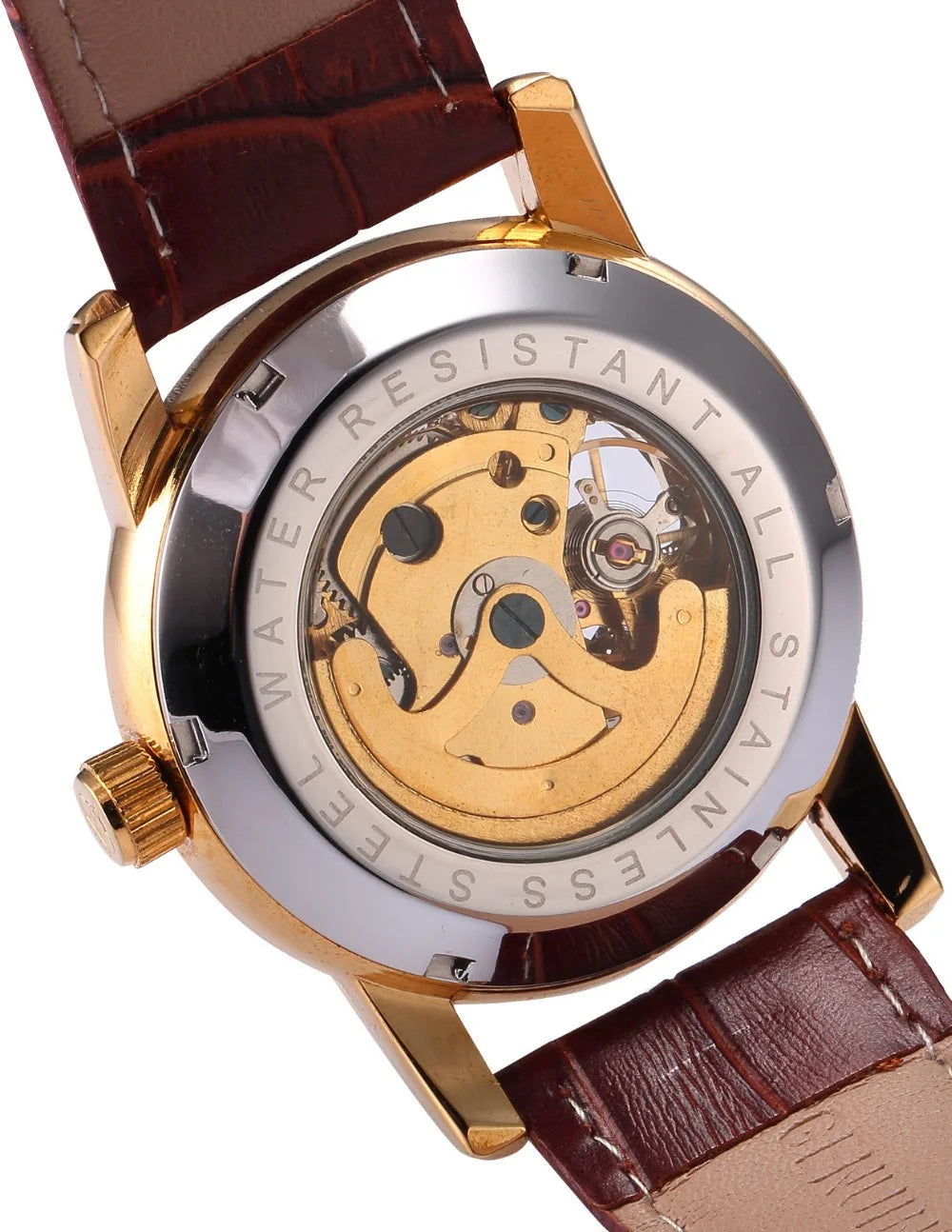 Montre squelette automatique dorée pour homme – Design steampunk de luxe – Mécanisme apparent & bracelet cuir