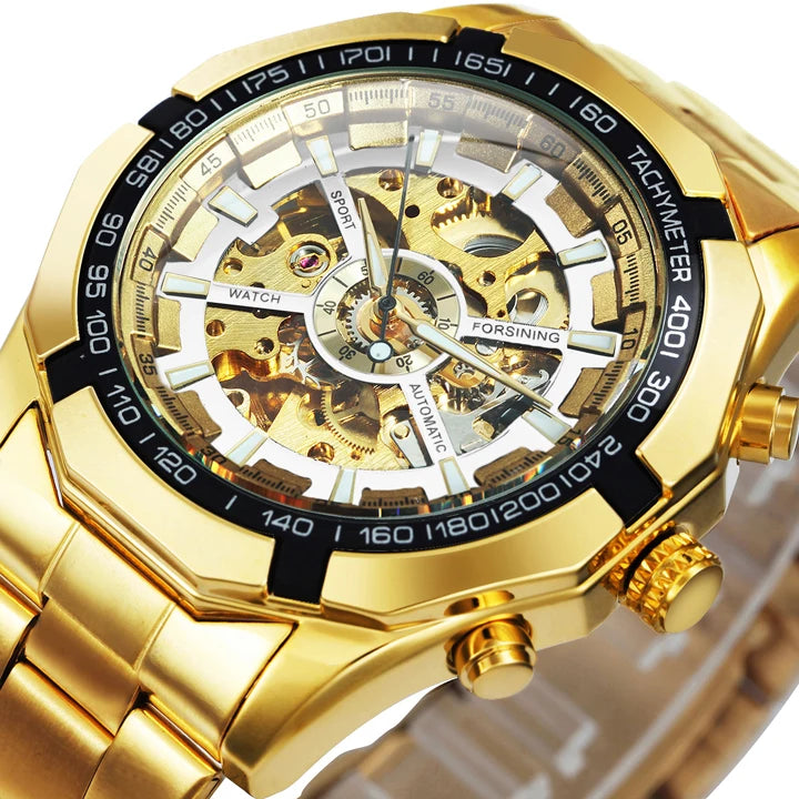 Montre automatique squelette pour homme – Mécanisme apparent – Design vintage doré – Montre de luxe pour homme – Marque haut de gamme