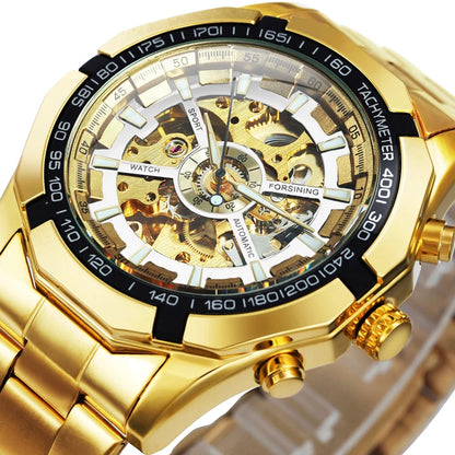 Montre automatique squelette pour homme – Mécanisme apparent – Design vintage doré – Montre de luxe pour homme – Marque haut de gamme