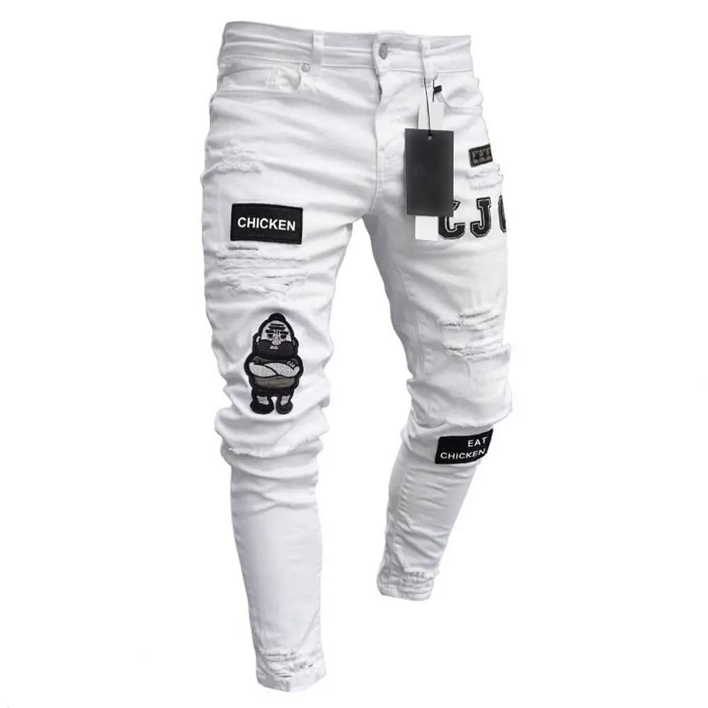 Bottoms 3 Styles Stretchy Ripped Skinny Biker Embroidery Print Jeans Destroyed Hole Slim Fit Scratched High Quality Jean