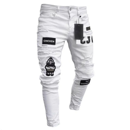 Bottoms 3 Styles Stretchy Ripped Skinny Biker Embroidery Print Jeans Destroyed Hole Slim Fit Scratched High Quality Jean
