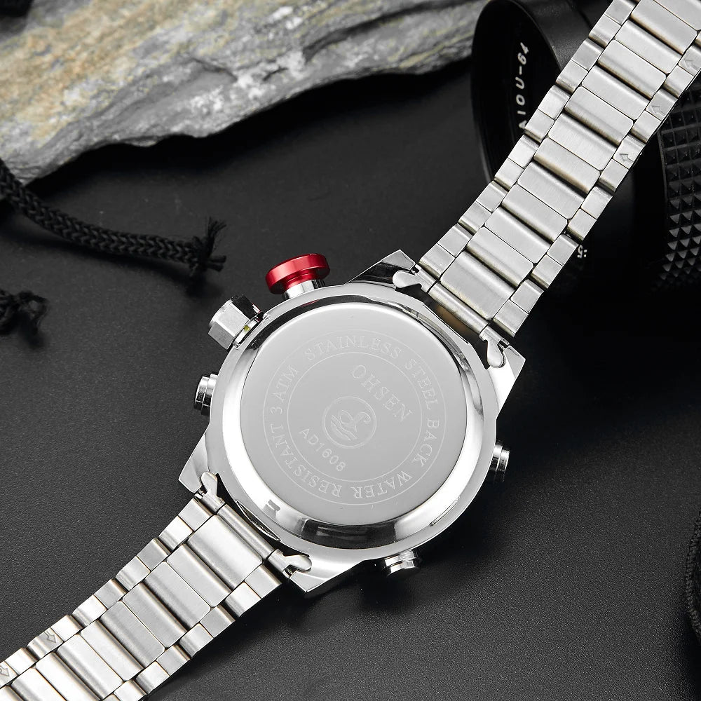 Montre sport homme double affichage – Quartz & LED – Bracelet acier inoxydable – Étanche 3ATM – Design militaire moderne