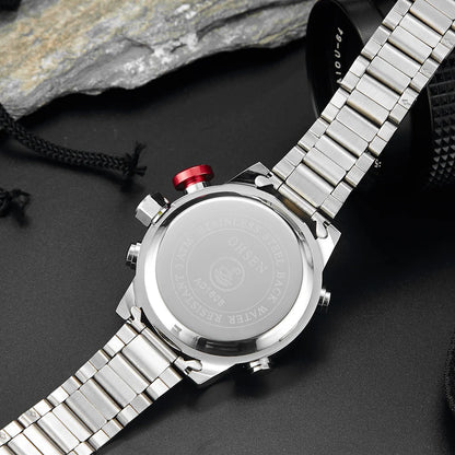 Montre sport homme double affichage – Quartz & LED – Bracelet acier inoxydable – Étanche 3ATM – Design militaire moderne
