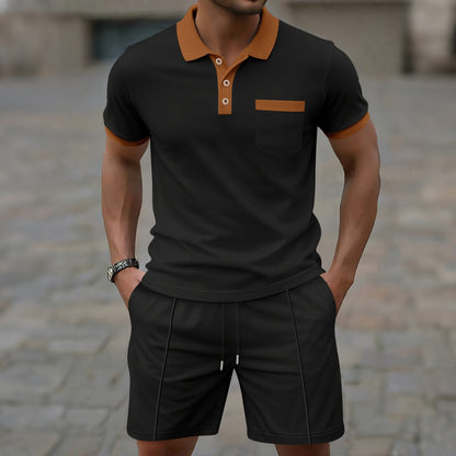Ensemble estival pour homme, en tissu gaufré avec col à revers