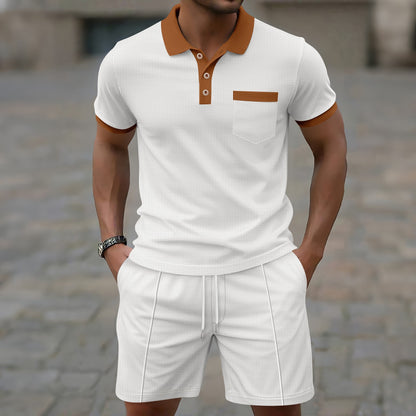 Ensemble estival pour homme, en tissu gaufré avec col à revers