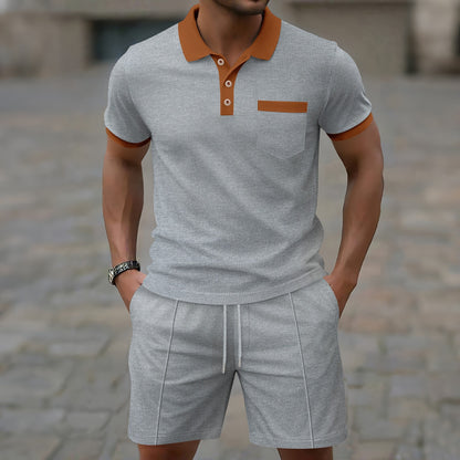 Ensemble estival pour homme, en tissu gaufré avec col à revers