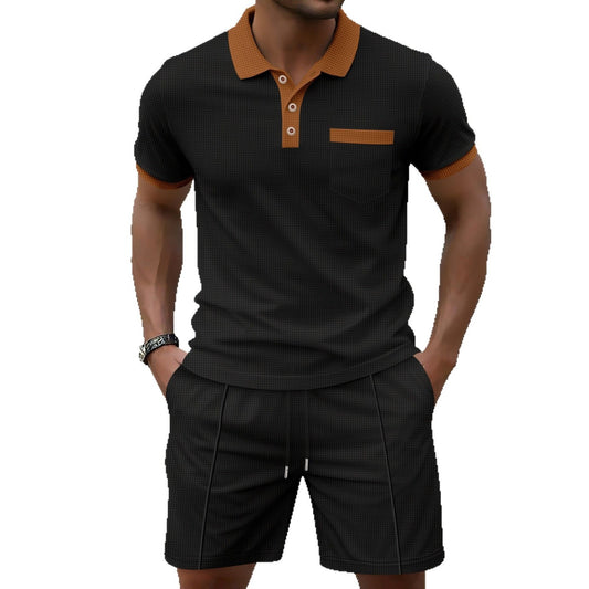 Ensemble estival pour homme, en tissu gaufré avec col à revers