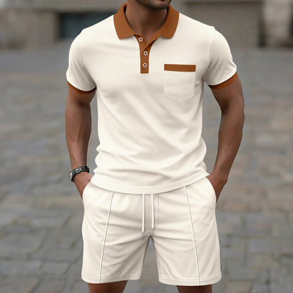 Ensemble estival pour homme, en tissu gaufré avec col à revers