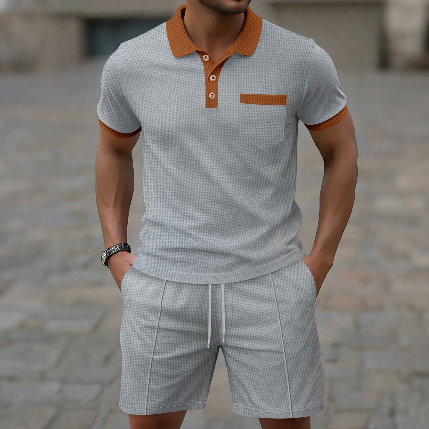 Ensemble estival pour homme, en tissu gaufré avec col à revers