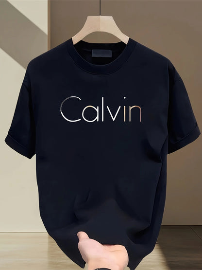 Men's summer 100% pure cotton fashionable casual sports loose Calvin letter printed round neck short sleeved T-shirt top