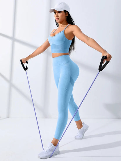 Ensemble Yoga Femme 2 pièces – Tenue Seamless pour Entraînement – Legging et Brassière Sportive à Bretelles Fines Extensibles