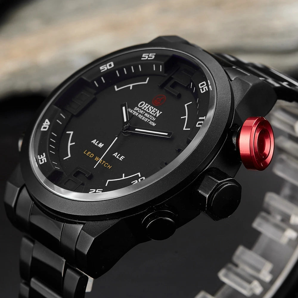 Montre sport homme double affichage – Quartz & LED – Bracelet acier inoxydable – Étanche 3ATM – Design militaire moderne