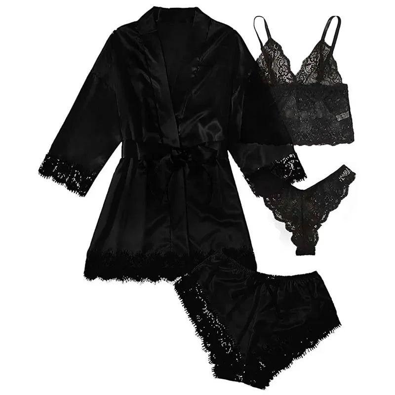 Lot de 4 pièces Pyjama Femme avec Robe – Lingerie Sexy en Dentelle, Peignoir en Soie Satinée, Vêtements d’Intérieur et Nuit