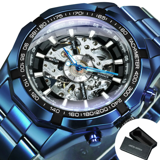 Montre automatique squelette pour homme – Mécanisme apparent – Design vintage doré – Montre de luxe pour homme – Marque haut de gamme