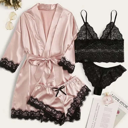Lot de 4 pièces Pyjama Femme avec Robe – Lingerie Sexy en Dentelle, Peignoir en Soie Satinée, Vêtements d’Intérieur et Nuit