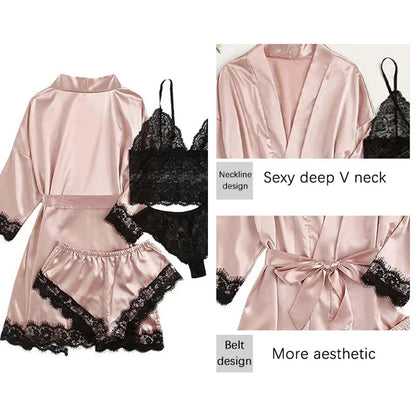 Lot de 4 pièces Pyjama Femme avec Robe – Lingerie Sexy en Dentelle, Peignoir en Soie Satinée, Vêtements d’Intérieur et Nuit
