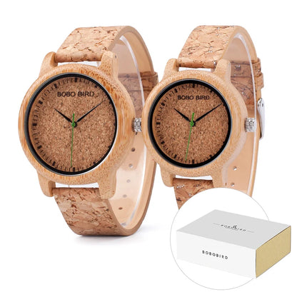 Montres BOBO BIRD pour Couples – Pièces en Bois Fait Main avec Bracelet en Liège