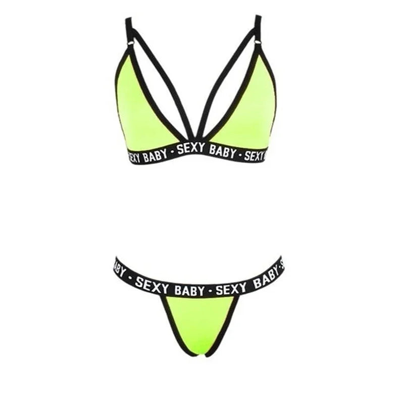 Ensemble Lingerie Femme Sexy – Soutien-gorge et Culotte – Bralette à Imprimé Lettre avec Détails en Dentelle