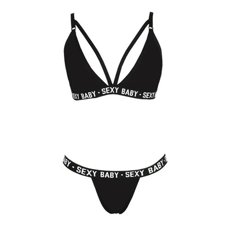 Ensemble Lingerie Femme Sexy – Soutien-gorge et Culotte – Bralette à Imprimé Lettre avec Détails en Dentelle