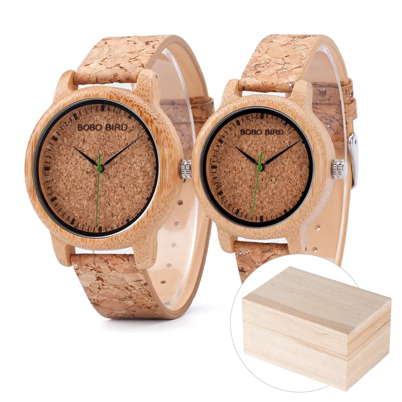 Montres BOBO BIRD pour Couples – Pièces en Bois Fait Main avec Bracelet en Liège