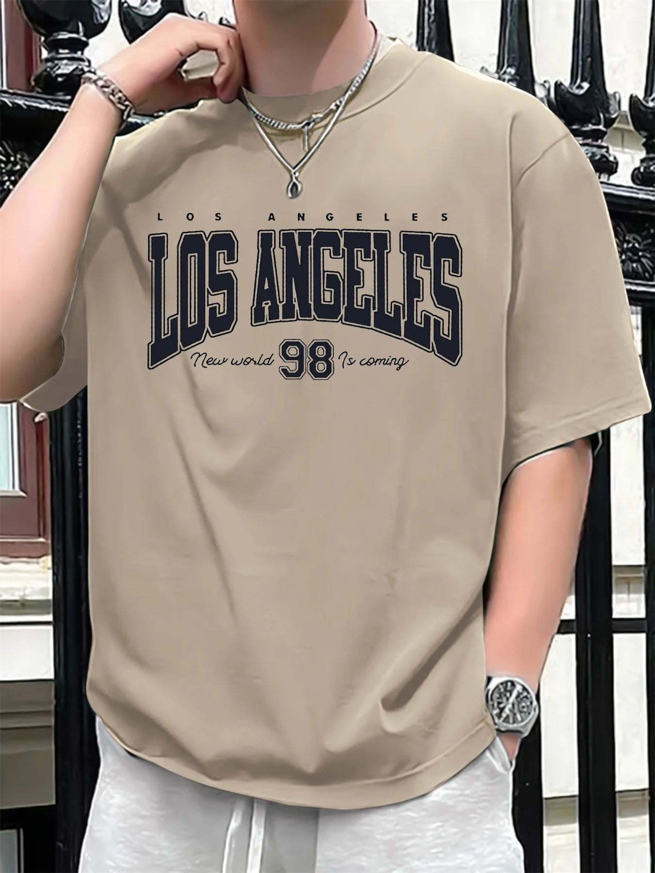 Men's summer 100 cotton fashionable casual loose plus size Los Angeles 98 printed sports round neck short sleeved T-shirt top
