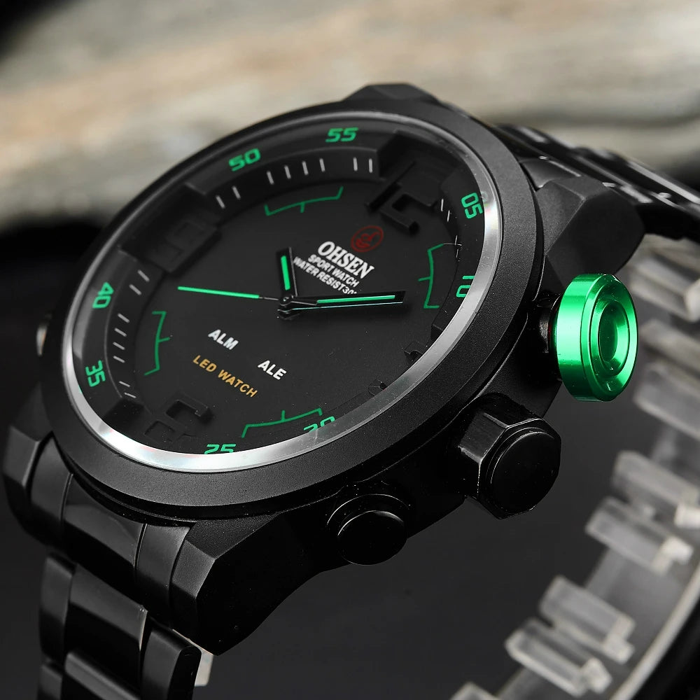 Montre sport homme double affichage – Quartz & LED – Bracelet acier inoxydable – Étanche 3ATM – Design militaire moderne