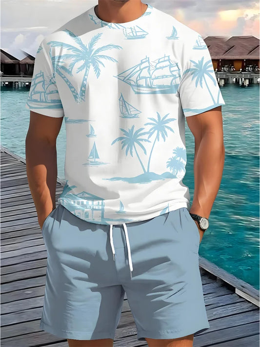 Summer 2 Piece Casual Everyday Men's Short Sleeve Shorts Set Hawaiian Print Men's T-shirt Outdoor Sports Men's Beach Shorts Sets