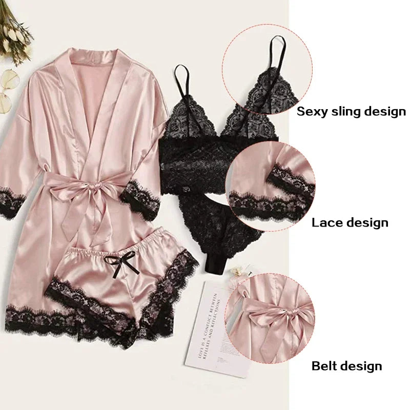 Lot de 4 pièces Pyjama Femme avec Robe – Lingerie Sexy en Dentelle, Peignoir en Soie Satinée, Vêtements d’Intérieur et Nuit
