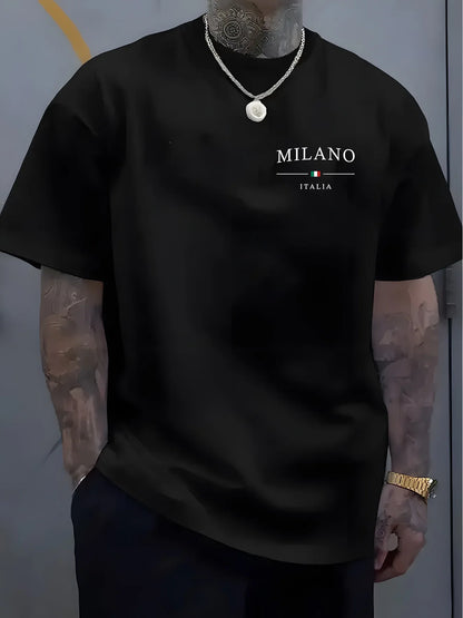 Men's summer 100% pure cotton fashionable sports casual loose MILANO ITALIA pattern printed round neck short sleeved T-shirt top