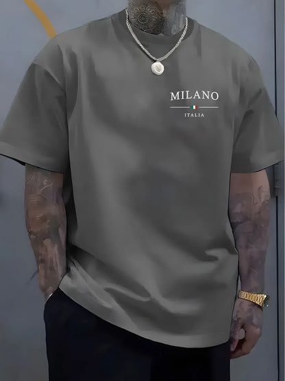 Men's summer 100% pure cotton fashionable sports casual loose MILANO ITALIA pattern printed round neck short sleeved T-shirt top