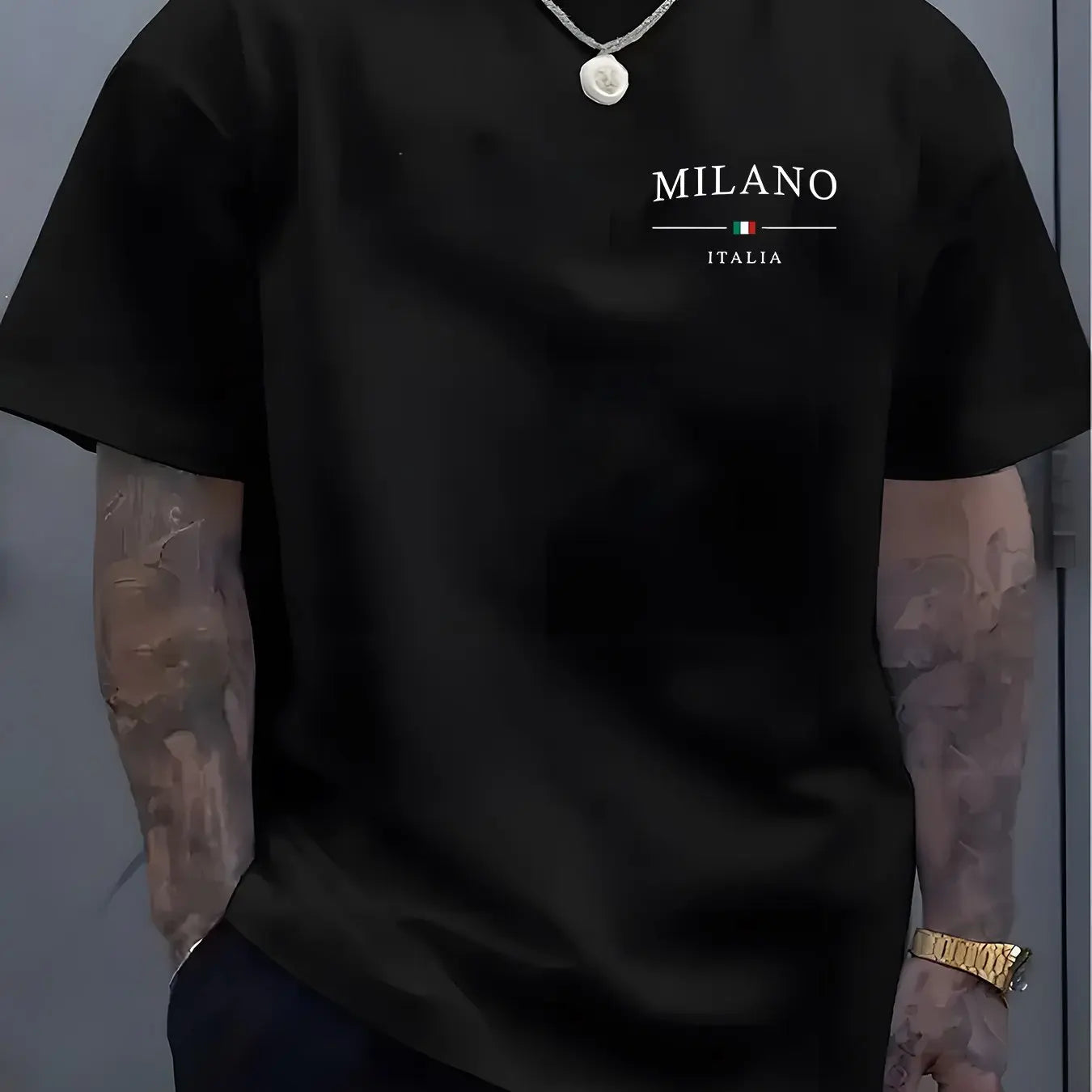 Men's summer 100% pure cotton fashionable sports casual loose MILANO ITALIA pattern printed round neck short sleeved T-shirt top