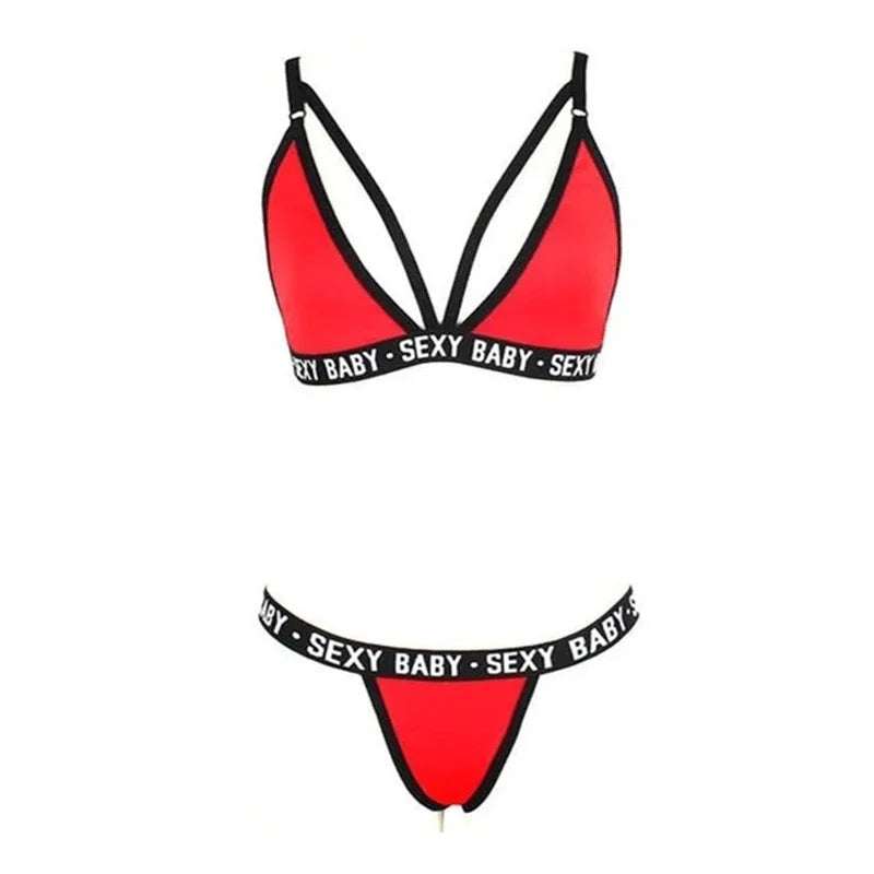 Ensemble Lingerie Femme Sexy – Soutien-gorge et Culotte – Bralette à Imprimé Lettre avec Détails en Dentelle