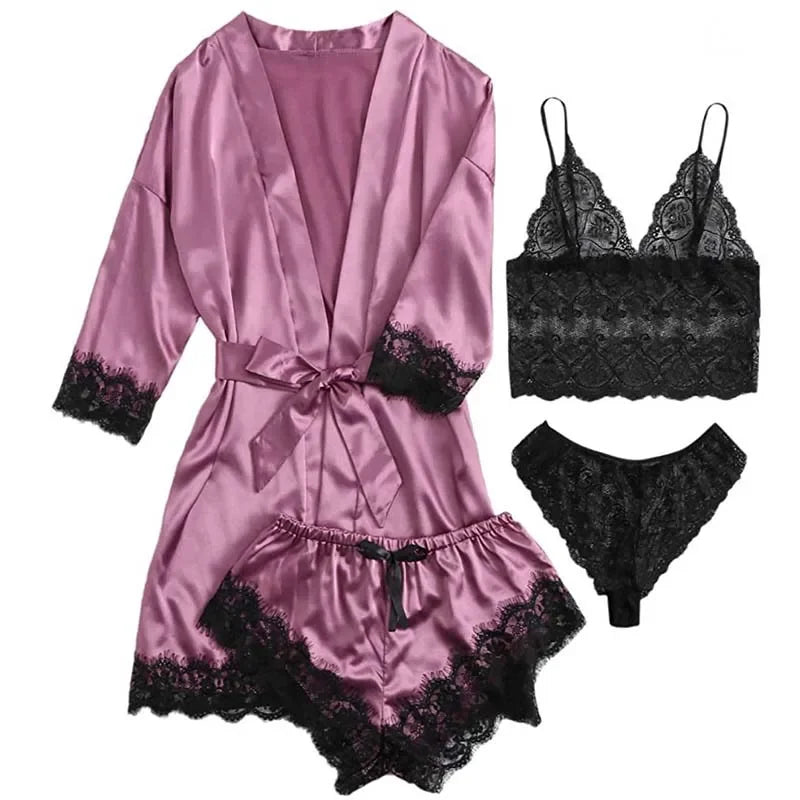 Lot de 4 pièces Pyjama Femme avec Robe – Lingerie Sexy en Dentelle, Peignoir en Soie Satinée, Vêtements d’Intérieur et Nuit