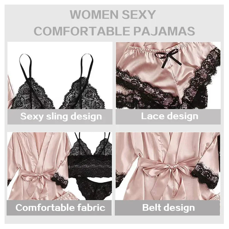 Lot de 4 pièces Pyjama Femme avec Robe – Lingerie Sexy en Dentelle, Peignoir en Soie Satinée, Vêtements d’Intérieur et Nuit