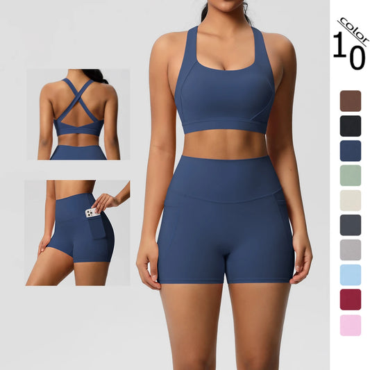 Ensemble Sport 2 pièces avec Poches – Tenue de Yoga Femme | Shorts de Sport & Brassière Croisée | Leggings de Gym