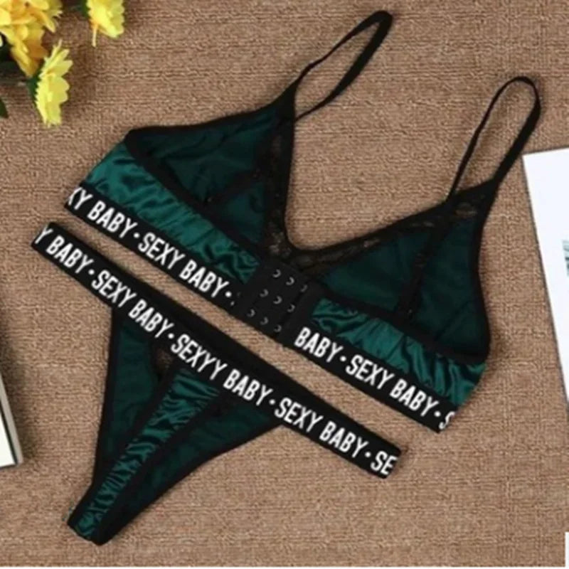 Ensemble Lingerie Femme Sexy – Soutien-gorge et Culotte – Bralette à Imprimé Lettre avec Détails en Dentelle