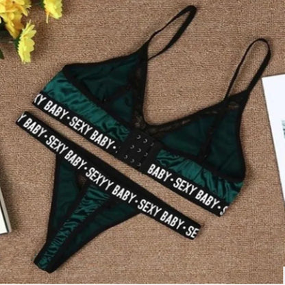 Ensemble Lingerie Femme Sexy – Soutien-gorge et Culotte – Bralette à Imprimé Lettre avec Détails en Dentelle