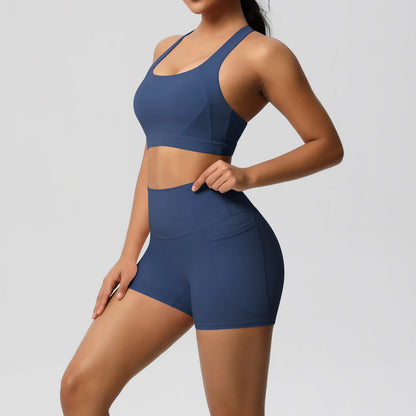 Ensemble Sport 2 pièces avec Poches – Tenue de Yoga Femme | Shorts de Sport & Brassière Croisée | Leggings de Gym