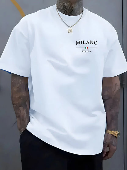 Men's summer 100% pure cotton fashionable sports casual loose MILANO ITALIA pattern printed round neck short sleeved T-shirt top