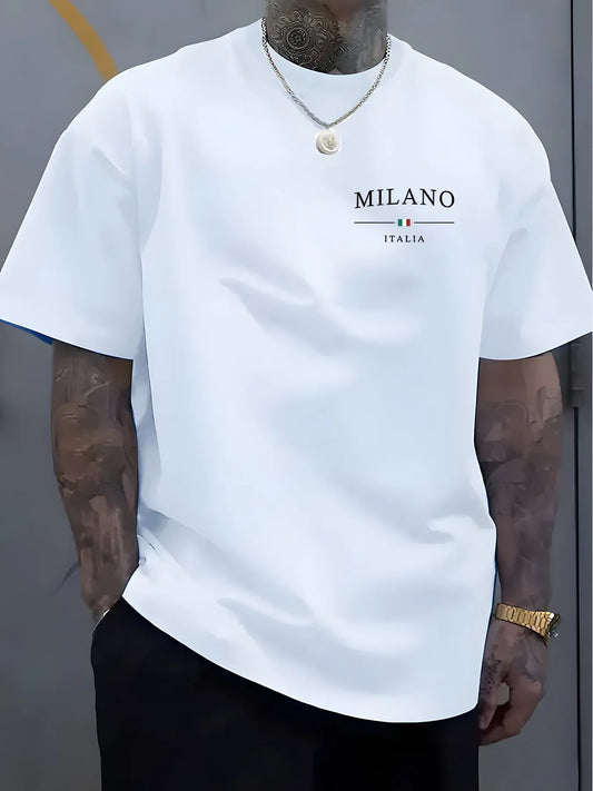Men's summer 100% pure cotton fashionable sports casual loose MILANO ITALIA pattern printed round neck short sleeved T-shirt top