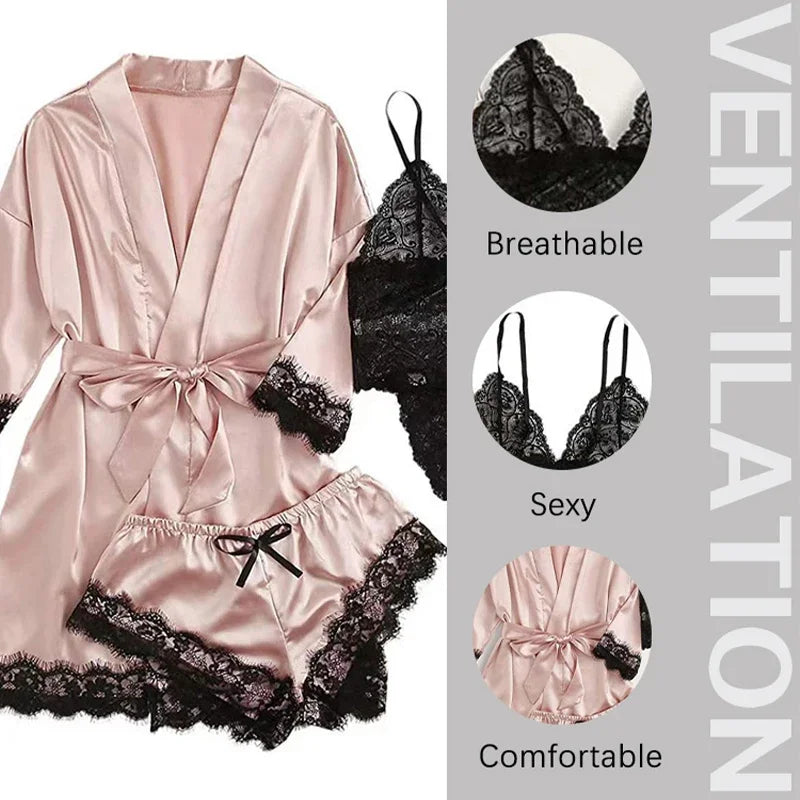 Lot de 4 pièces Pyjama Femme avec Robe – Lingerie Sexy en Dentelle, Peignoir en Soie Satinée, Vêtements d’Intérieur et Nuit