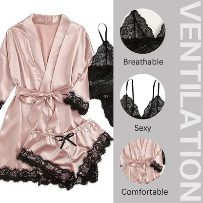Lot de 4 pièces Pyjama Femme avec Robe – Lingerie Sexy en Dentelle, Peignoir en Soie Satinée, Vêtements d’Intérieur et Nuit