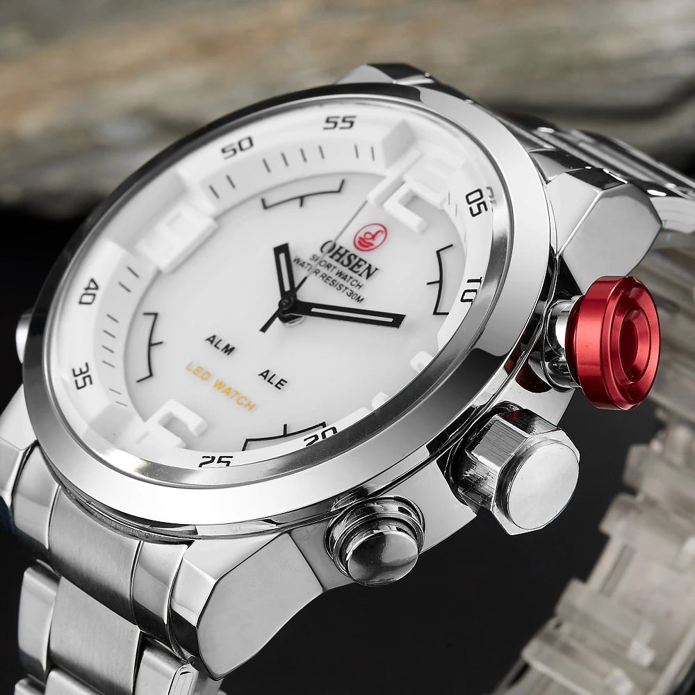 Montre sport homme double affichage – Quartz & LED – Bracelet acier inoxydable – Étanche 3ATM – Design militaire moderne