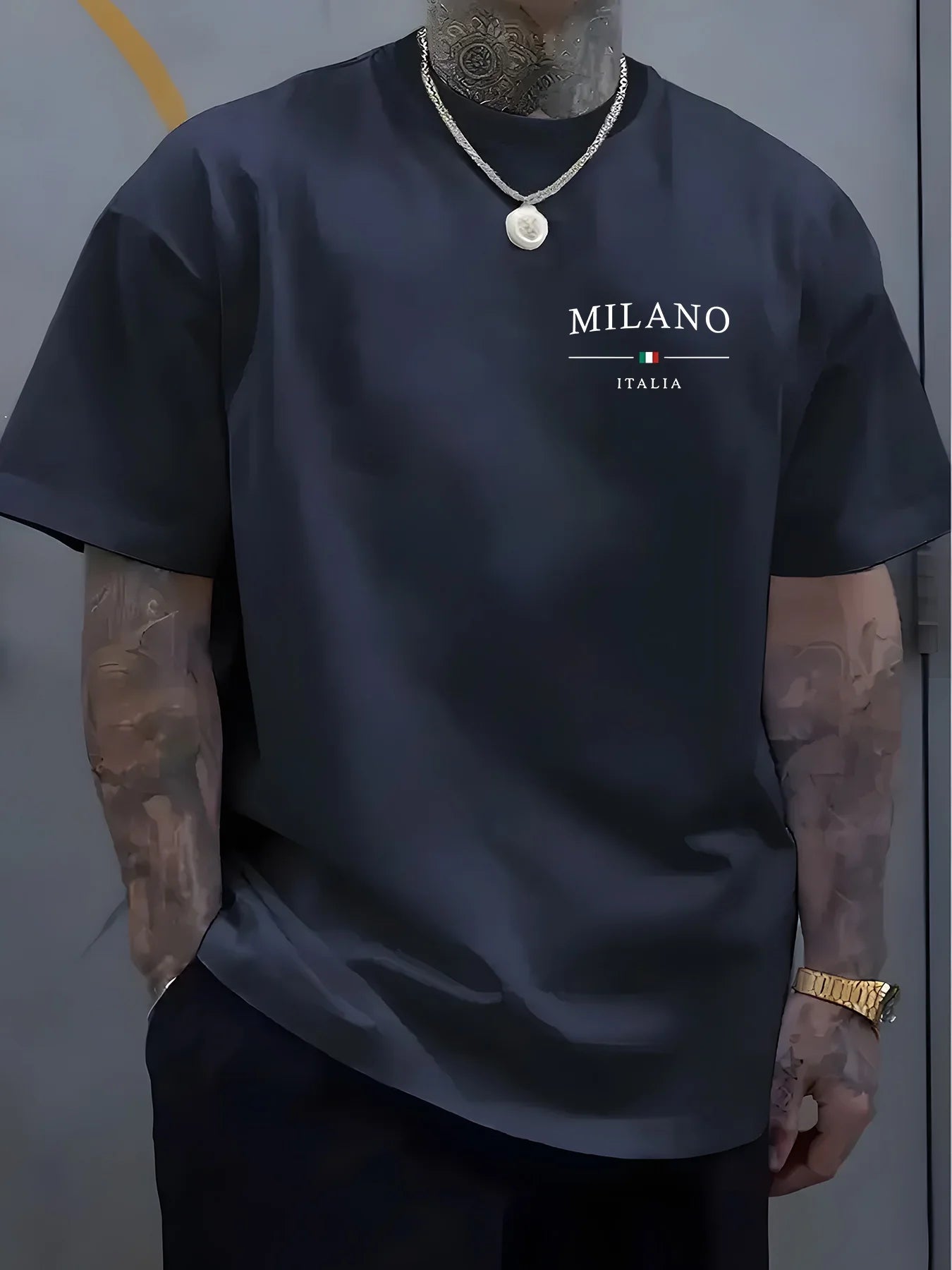 Men's summer 100% pure cotton fashionable sports casual loose MILANO ITALIA pattern printed round neck short sleeved T-shirt top