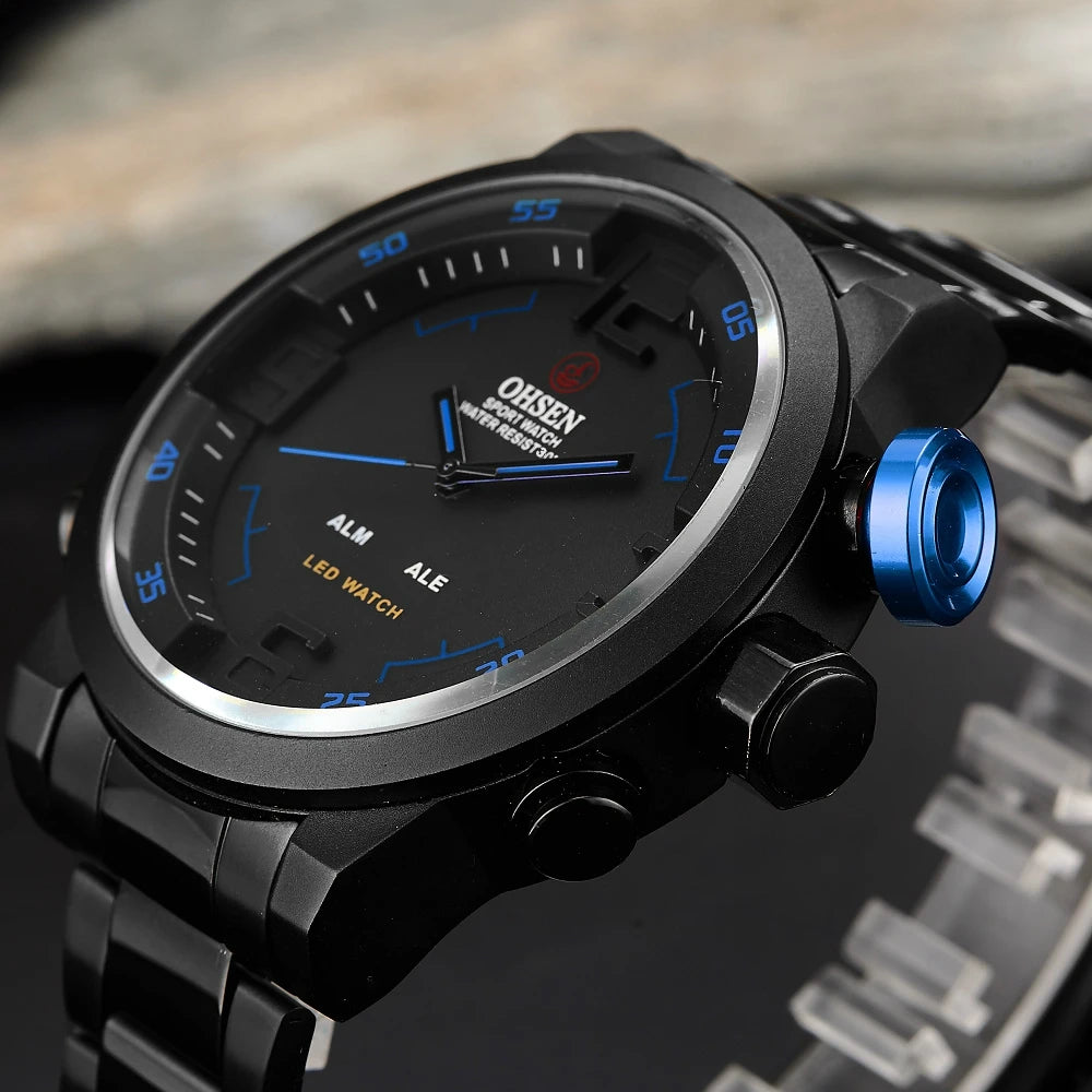 Montre sport homme double affichage – Quartz & LED – Bracelet acier inoxydable – Étanche 3ATM – Design militaire moderne